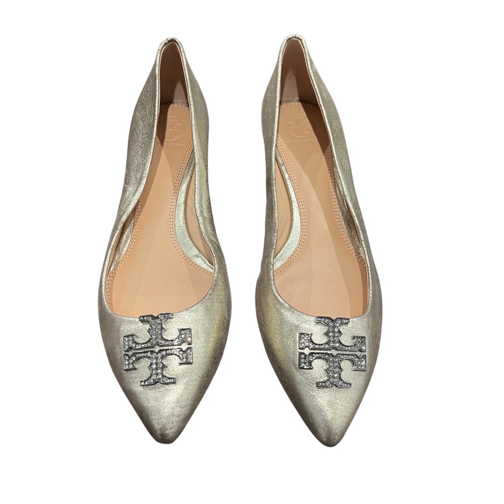 Tory Burch Metallic Gold Pointed Toe Logo Flats - Picture 2 of 9